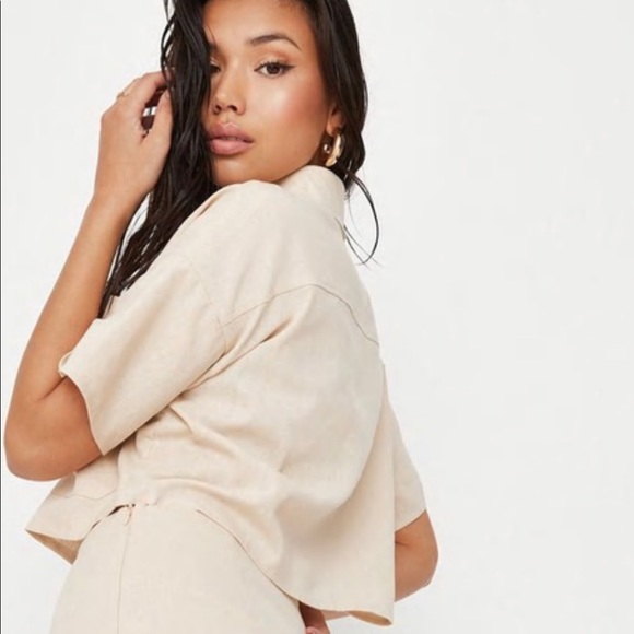 Missguided Cream Co Ord Linen Crop Shirt & Mini Skirt Set - Picture 4 of 4